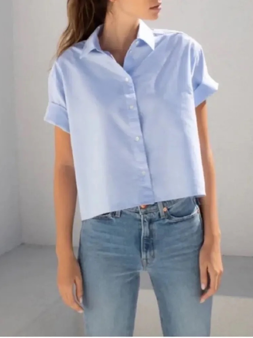 AYR Light Blue Cropped Short-Sleeve Button-Down Shirt